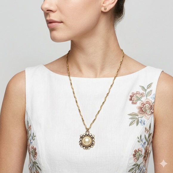 Fashion Jewelry Jewelry - Vintage Faux Pearl Pendant Necklace | Gold Scalloped Frame Rope Chain